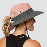 Ponytail Summer Sun Hat Wide Brim UV Protection Bucket Cap